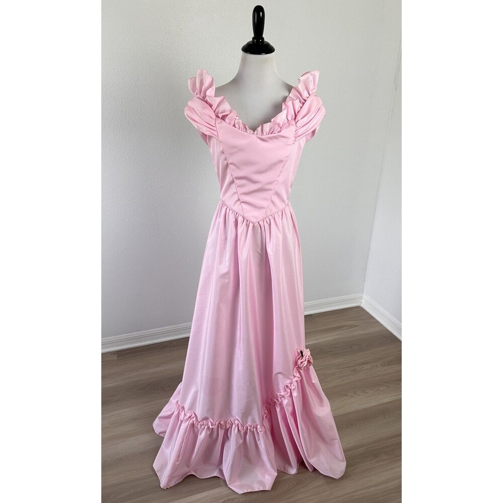 Vintage Pink 70s 80s Prom Party Dress Gown Princess Read! - Picture 2 of 16